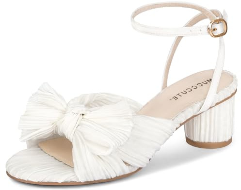 MUCCCUTE White Bow Knot Heeled Sandals Ankle Buckle Strap Chunky Open-toe Heels Comfortable Wedding Party Fashion Bride Heel