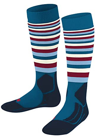 FALKE Unisex Kinder Skisocken SK2 Intermediate Stripes K Kh Wolle Funktionsmaterial warm dick 1 Paar, Türkis King Fisher 6835, 35-38