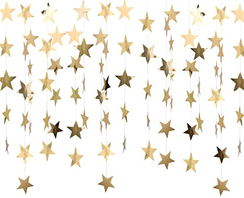 52 Feet Reflective Star Paper Garland Banner - Hanging Decoration With Glitter Sparkling Streamer for Birthday, Wedding, Bridal, Baby Showers, Christmas Decorations, Gold