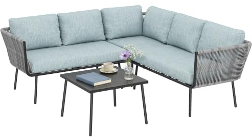 Outsunny Conjunto de Muebles de Ratán Jardín Exterior Azul Claro | 4 Piezas, Marco de Aluminio, 2 Sofá de 2 Plazas, Sofá de Esquina, Mesa de Centro, 6 Cojines Acolchados