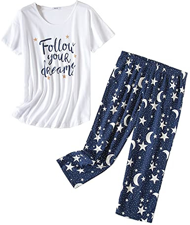 Dreamskull Ensemble de pyjama d'été à manches courtes pour femme - Grande taille - Haut et pantalon Capri 3/4 - Imprimé floral - Taille S à XXXL, Navysatr1, M