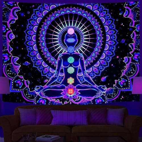 Ulticool – Mandala Chakra – Glow in the Dark – Arazzo da parete con luce nera sotto i raggi UV reattiva, nero neon light – Blacklight psichedelico al buio – 200x150 cm