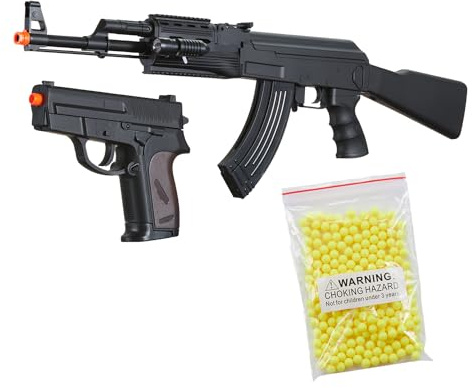 Durable Lightweight AK47 Airsoft Spring Rifle and Pistol Kit - Laser & Flashlight, Includes 1000 Rounds of 0.12g BBS