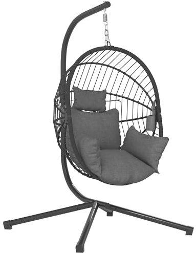 Outsunny Outdoor Swing Chair with Thick Padded Cushion, Patio Hanging Chair with Metal Stand, Foldable Basket Egg Chair with Cup Holder, Rope Structure, for Indoor and Outdoor, Grey