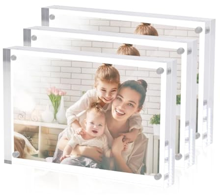 Sezanrpt 3 Pack Acrylic Picture Frames 5x7 Inch Free Standing, Clear Crystal 5'' x 7'' Picture Frame, Office Desktop Magnetic 5x7 Lucite Photo Frame for Specimens, Tickets, Stamps, Pictures Display