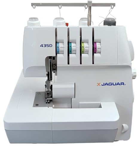 Jaguar 435D Surjeteuse Overlock, 3/4 fils, enfilage codé par couleur, transport différentiel, coupe-fil automatique, bras libre, blanc.