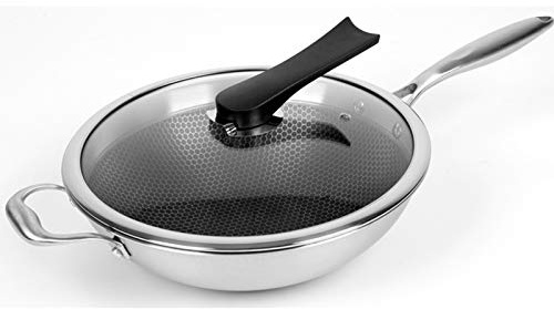 Padella wok antiaderente in acciaio inox con coperchio sicuro per forno 32 CM sano design a nido d'ape non oleoso cottura antigraffio