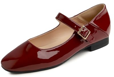 Feversole Women's Square Toe Mary Jane Fashion，Punta Quadrata Easy Buckle Tacco Basso Slip On Flats in Pelle Vegana Brevetto borgognaTaglie 39 EU