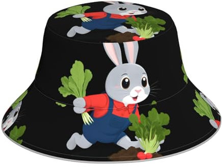 HYTTER Little Gray Rabbit Planting Radish Prints Reflective Bucket Hat Stay Stylish and Protected for Unisex Outdoor Activities, Black, One Size