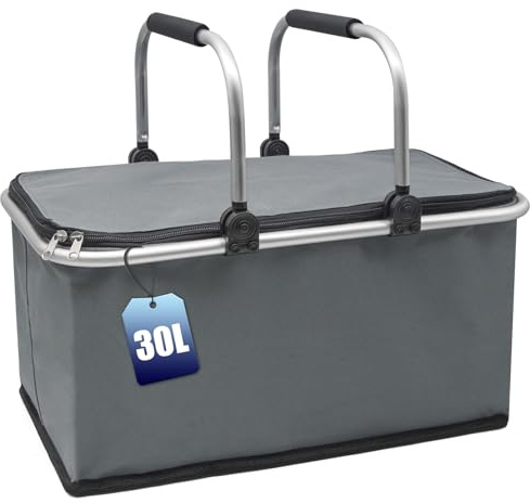 xiaozhifu Cestino da Picnic 30 Litri, Grande Cestino Picnic Pieghevole, Borsa Termica con Manico in Alluminio Impermeabile Portatile Oxford Cesto picnic con Coperchio per Shopping (Grigio)