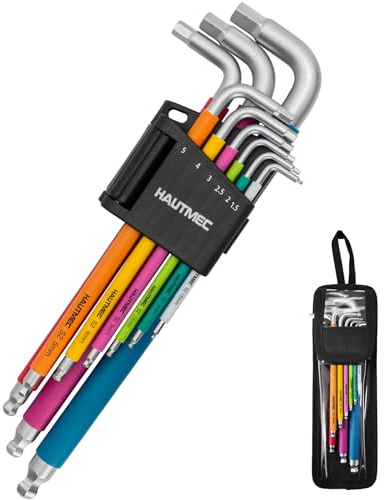 HAUTMEC Lot de 9 clés Allen métriques avec extrémité sphérique, lot de 9 clés hexagonales à bras extra long, en acier S2 Pro, 1,5 à 10 mm, manchon à code couleur avec pochette à boucle de ceinture