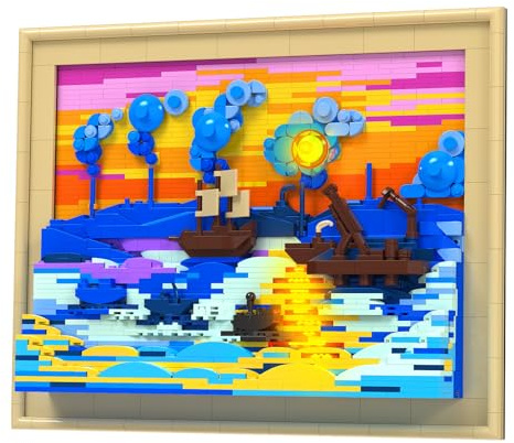 Brihappen Impression Sunrise Building Set avec lumière pour Adultes, modèle de Blocs de Construction Van Gogh Painting Wall Art, Ensemble de Blocs de Construction 3D Classic Art (1514 pièces)