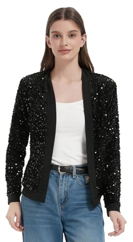 RZTA Women's Sparkling Sequin Jacket Sparkly Blazer Open Front Glitter Cardigan Long Sleeve Coat for Casual Party Cocktail Black Medium