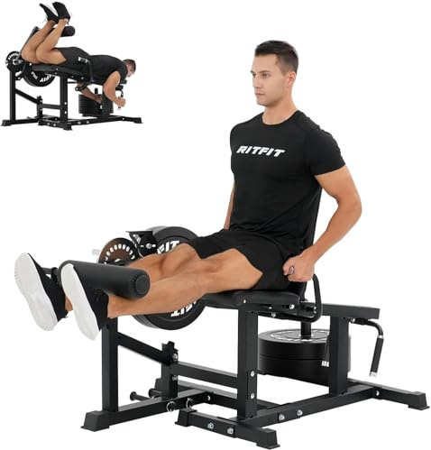 RitFit Entrenador de piernas para casa – Dispositivo de estiramiento de piernas y flexión de piernas, 170 kg máximo, compatible con discos de peso de 2,5 y 5 cm, compacto y ajustable, incluye bandeja