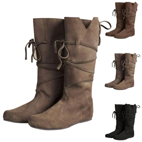 Generisch Chaussures médiévales pour homme et femme, style rétro, médiéval, à lacets, style punk, bottes de chevalier, bottes de chevalier, bottes à enfiler, bottes de cowboy, en cuir PU, bottes à
