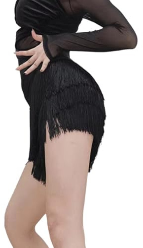 AMISENK Jupe de danse latine extensible avec ourlets à franges noires en polyester léger Plusieurs tailles pour l'entraînement sur scène Jupe de danse professionnelle, Noir , S