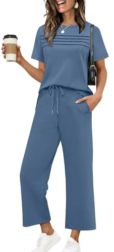 Desol Chándal de mujer de dos piezas para verano, manga corta con fruncido y ancho 7/8 pantalones con bolsillos, ropa de salón para viajes, ocio y uso doméstico
