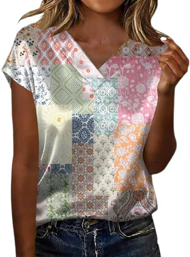 Donna Camicia di Raso Elegante Manica Corta Maglietta Fantasia Vintage Slim Fit Camicetta Curvy Scollo a V Blusa Eleganti Blouses Estiva Satin Blusa Loose Business Top da Ufficio