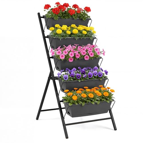 COSTWAY Jardinière Verticale Surélevée à 5 Niveaux sur Pied (Noir) | Bac à Fleurs Autoportante avec 5 Bacs de Plantation et Trous de Drainage Plateau Amovible, pour Jardin Balcon Terrasse