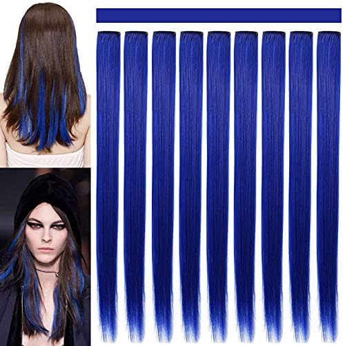 Rhyme 9 PCS 21 Glatt gefärbte Haarverlängerungen Clip In/On Lila Haarverlängerungen Perücke Party Highlight MultiColors Haarteile für Frauen/Mädchen (blau)