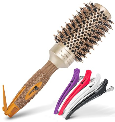 Fagaci Professional Round Brush with Natural Boar Bristle for Blow Drying, Nano Technology Ceramic + Ionic for Voluminous Healthy Hair Styling | Includes 4 Styling Clips