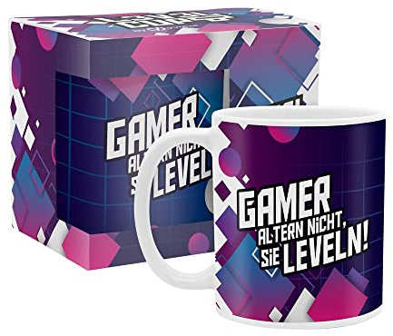 yvolve - Gamer altern nicht - Tasse aus Keramik mit lustigem Spruch rundum bedruckt mit Verpackung - Spülmaschinenfest