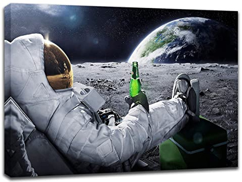 Spaceman Wall Art Decor Pictures - Astronaut Have a Rest on Moon Framed Paintings for Teens Bedroom Decor / Real Outer Space Themed Posters Universe Planet Prints for Nursery Living Room Decoration