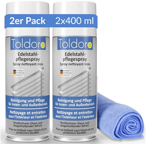 Toldoro Set aus 2x Edelstahl Pflegespray 400ml & 1x Mikrofasertuch 40x40cm / Edelstahl Reiniger für Grill, Küche/Edelstahlpflege Spray als Edelstahl Reinigungsmittel inkl. Reinigungstuch