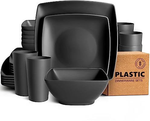 Teivio 24-Piece Kitchen Reusable Plastic Square Dinner Set, Service for 6, Dinner Plate, Dessert Plate, Cereal Bowl, 13.5oz Cup, Unbreakable Plastic Plate and Bowl Set, Outdoor Camping Dishes, Black