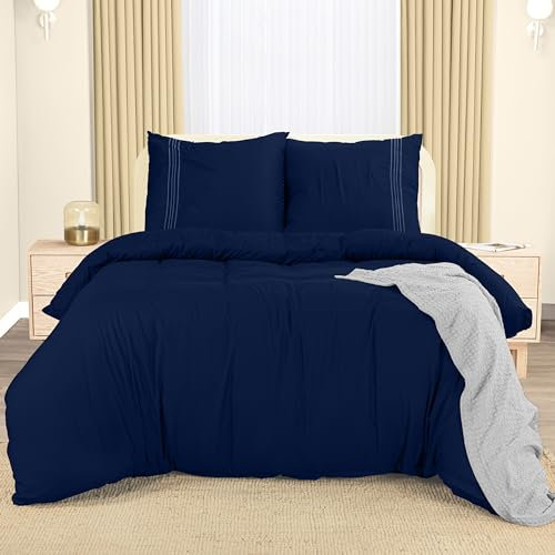 Utopia Bedding Funda Nordica 220 x 240 - Microfibra Juego de Funda Edredon 220x240 cm y 2 Bordado Fundas de Almohada 65x65 cm (Azul Marino)