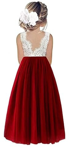 Odizli Vestido de princesa para niña, sin mangas, de encaje, línea A, vestido de tul, festivo, boda, primera comunión, cumpleaños, vestido de noche largo, Wine#A, 13-14 Años