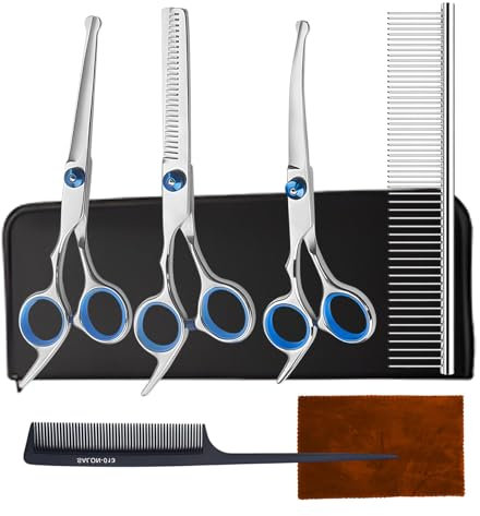 AUSYIWI 7 in1 Hundeschere Set Profi, aus Edelstahl mit Runder Sicherheitsspitze, Fellschere Inkl Effilierschere, Gebogene, Gerade Schere, Fellpflegekamm, für Hunde, Katzen Andere Tiere