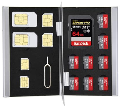 KING OF FLASH Memory & Sim Card Holder Storage Case, Slim Silver Aluminium, Shockproof, Holds SD x 1, TF or microSD x 8 memory cards and SIM x 2, Micro SIM x 2, Nano SIM x 2 and Pin x 1