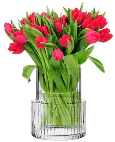 KROSNO Gerippte Blumenvase | 20 cm |Perfekt für Zuhause und Restaurants | Spülmaschinenfest | Crystalline Glas | Bleifreies