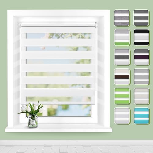 Doppelrollo Klemmfix ohne Bohren B45 x H80cm(Stoffbreite 41cm) Weiß, Rollos für Fenster, Rollo ohne Bohren mit Lichtdurchlässig und Verdunkelnd/Höhe Stufenlos Verstellbar/Kindersicherung