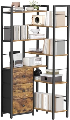 YATINEY Corner Bookshelf, 7 Tier L-Shaped Bookcase with 3 Drawers, Storage Corner Shelf, Freestanding Tall Display Shelf, Industrial Style, for Living Room, Home Office, Rustic Brown and Black SJ10BR