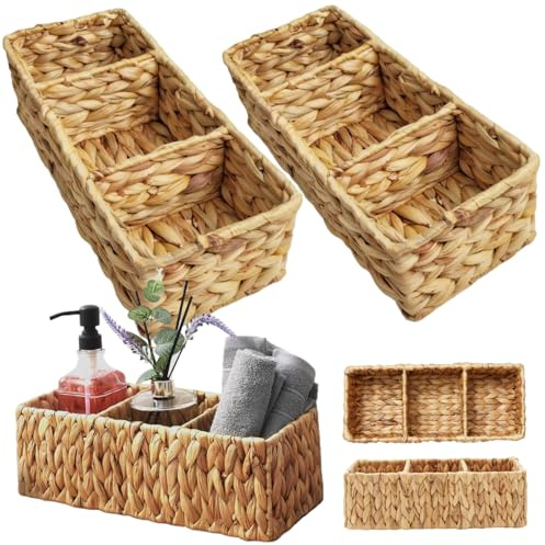 Cesta de jacinto de agua 2 PCS 3 Compartimento 14x6x4 Cestas de almacenamiento de jacinto tejido Cesta de uso múltiple rústico natural para papel higiénico, toalla, fragancia, refrigerio, remoto, agu