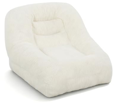 Pamapic bönsäck, stor enkel bönsäcksstol med fyllning ingår, ergonomisk vilstol, manchester, lat soffa, bönpåse vuxen, lounge säte för vardagsrum, sovrum, spelrum, vit, 93 x 85 x 70 cm