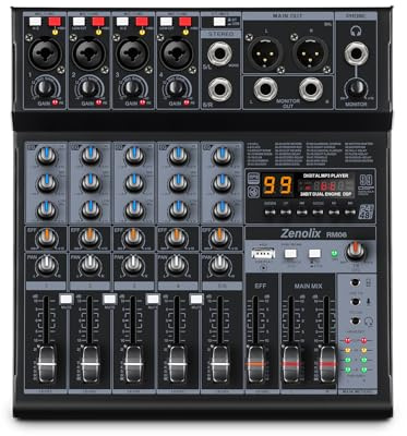 Zenolix RM06 6Channel Audio Mixer Sound Board, Bluetooth Mixer USB Audio Interface, DJ Mixer with 2 XLR Combo Inputs, 24 Bit 192kHz Recording, Mixing Console for Podcast Live Streaming Home Studio