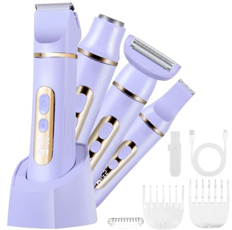4-in-1 Lady Shaver Women Electric Razor Body Trimmer IPX7 Waterproof Bikini Trimmer for Legs,Arms,Facial & Underarms Cordless (Purple)