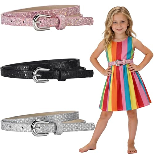 Apexrich 3Pcs Girls Belts, Glitter Shiny Kids Belt Children's Belts for Girls, PU Leather Belt for Kids Belt & Fashion Glitter Style on Jeans Dresses Jumpsuit Trousers