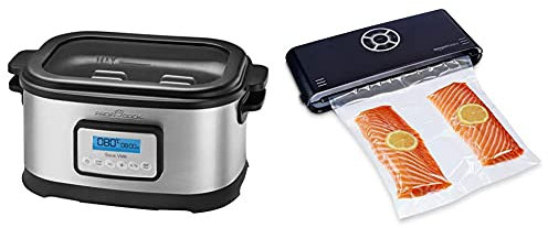 Profi Cook SV-1112 ProfiCook Sous Vide – Schongarer Topf und Vakuum, 8,5 l, 520 W, grau/schwarz [Energieklasse a], 8.5 liters & Amazon Basics - Vakuumierer, 30 cm Naht + 10 Vakuumierbeutel, Schwarz