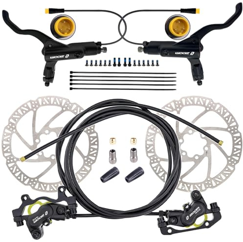 CooMeng Zoom HB876E 3-PIN 4-Pistons E-Bike Electric Power-Off Hydraulic Brake Set with 180mm Rotors, Pre-Bled Hydraulic Disc Brake Caliper Lever for eBike (Included Mounting Adapter) - Black