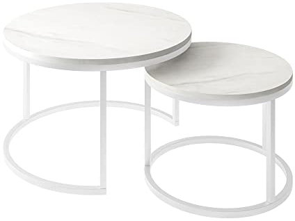 lukmebel Ciri Runder 2in1 Couchtisch – Set aus Zwei Teilen – Satztische Wohnzimmer – 70x48x70/80 cm & 50x42x50/60 cm – Levanto-Marmorplatten auf weißem Metallsockel