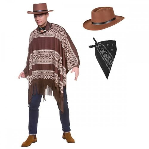 Poncho da cowboy occidentale + cappello da pistolero + bandana nera: costume da uomo da uomo selvaggio West Drifter