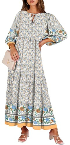 ANRABESS Womens Boho Maxi Dresses 2025 Summer V Neck Puff Sleeve Floral Flowy Swing Fall Casual Long Dress Blue Floral Small
