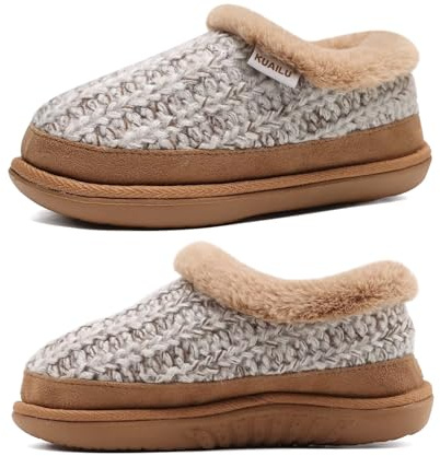 KuaiLu Zapatillas Casa Mujer Memoria cómoda zapatillas de punto de espuma de algodón térmica forrada piel peluche para mujeres calzado doméstico de invierno ortopedia Fascitis plantar Khaki 40-41