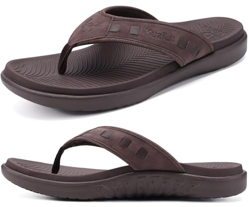 KuaiLu Mens Leather Sport Flip Flops Comfort Orthotic Thong Sandals with Plantar Fasciitis Arch Support for Outdoor Summer