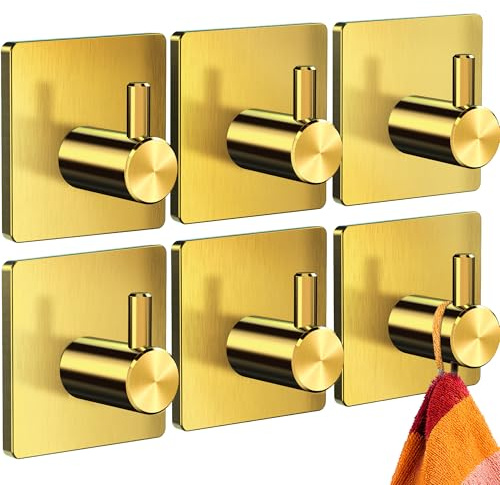 4happy Handtuchhaken ohne Bohren, 6er Set, Gold | Klebehaken Edelstahl wasserfest, Haken selbstklebend als Handtuchhalter, Badezimmer Handtuchhalter, funktionale Haken