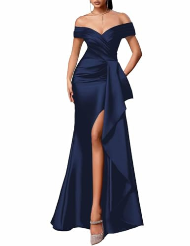 KURFACE Vestido formal de satén con hombros descubiertos para madre de la novia para mujer, con abertura, plisado, fruncido, azul marino, 40
